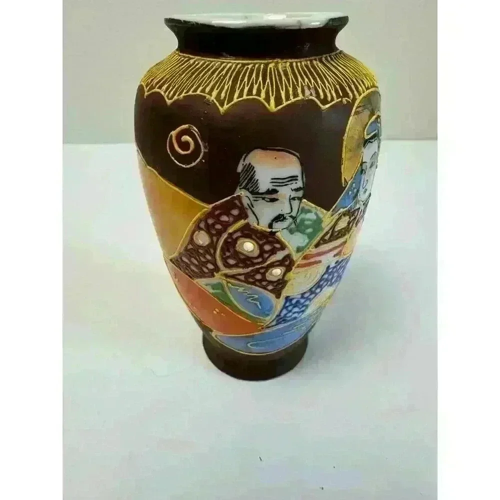 Vintage Satsuma Moriage Vase Japan Multi color 5” Signed Raised Gold Detail